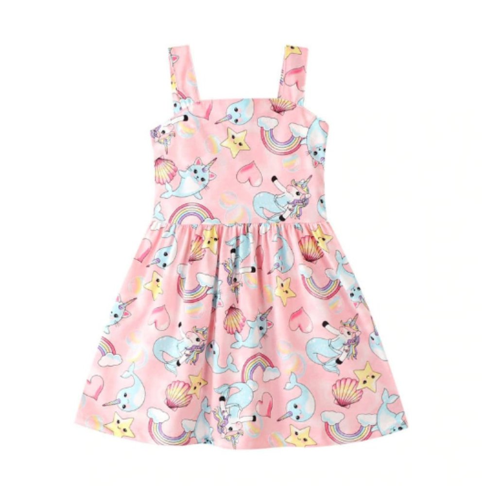 Magical Narwhal Unicorn Mermaid Girls Pink Dress
